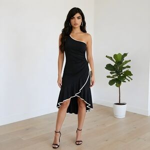 Vintage 90s Black Dress Size S High Low Ruffle Hem Ruched One Shoulder Stretch